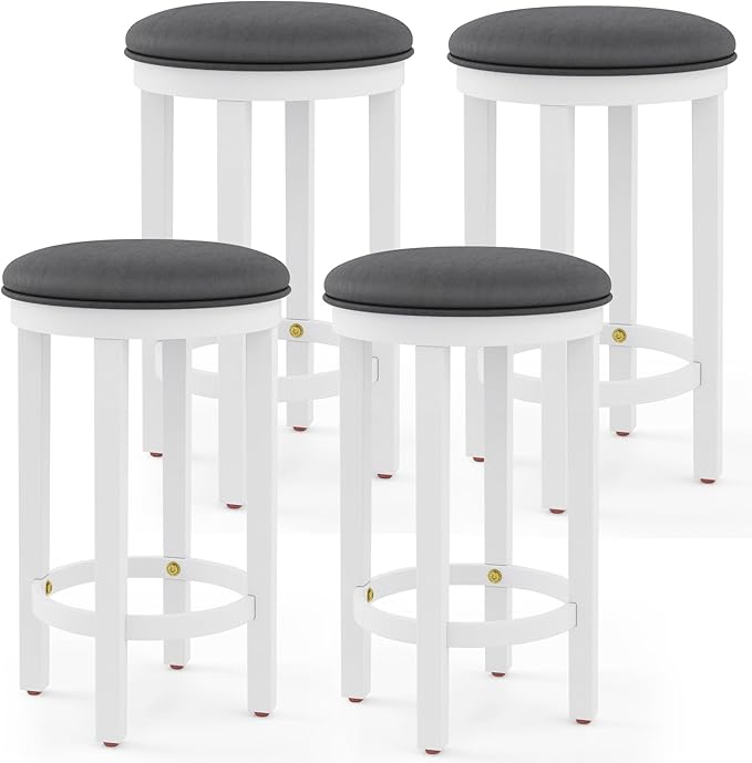 COSTWAY Upholstered Bar Stools Set of 4, 25” Counter Height Bar Chairs with Padded Cushion & Wooden Frame, Faux Leather Backless Stools for Kitchen, Dining Room, Pub, White + Grey