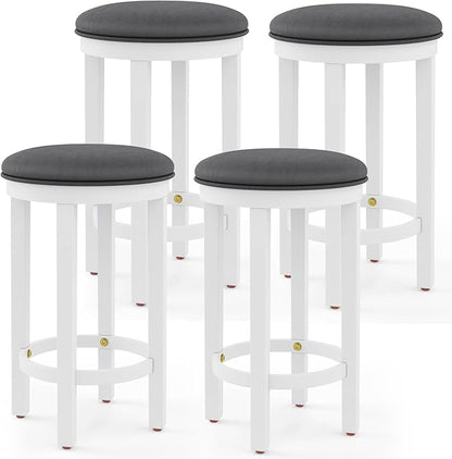 COSTWAY Upholstered Bar Stools Set of 4, 25” Counter Height Bar Chairs with Padded Cushion & Wooden Frame, Faux Leather Backless Stools for Kitchen, Dining Room, Pub, White + Grey