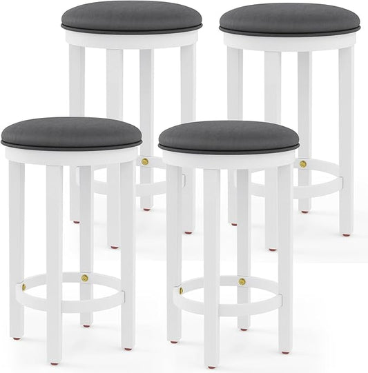 COSTWAY Upholstered Bar Stools Set of 4, 25” Counter Height Bar Chairs with Padded Cushion & Wooden Frame, Faux Leather Backless Stools for Kitchen, Dining Room, Pub, White + Grey