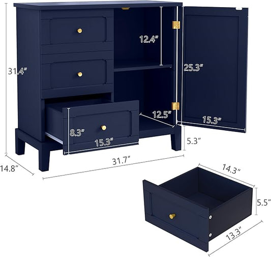 HLR Accent Cabinet with 3 Drawers and Door, Wooden Storage Cabinet with Shelves, Sideboard for Living Room, Entryway, Navy Blue