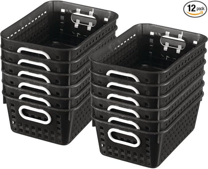 Really Good Stuff Medium Plastic Book Baskets, 11" by 7.5" by 4.5" - 12 Pack, Black, Versatile Storage Solution for Classroom, Home and Office, Toy Storage, Multi-Purpose Organizer Basket