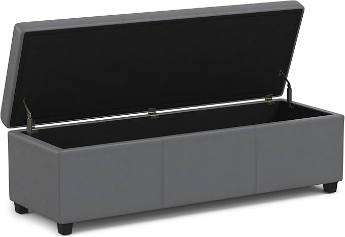 SIMPLIHOME Avalon 54 inch Wide Contemporary Rectangle Extra Large Storage Ottoman Bench in Stone Grey PU faux leather, Assembled, For the Living Room, Entryway and Family Room