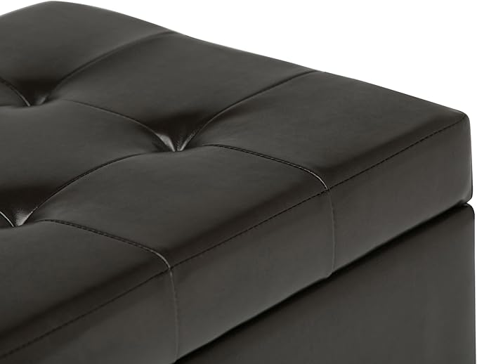 SIMPLIHOME Cosmopolitan Storage Ottoman - 34 inch Wide Upholstered Vegan Leather Rectangle Storage Ottoman Bench in Tanners Brown, Transitional Tufted Ottoman for Living Room with Lift-Up Lid