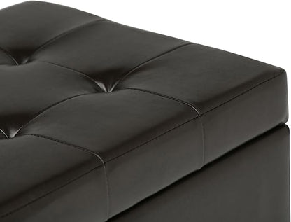 SIMPLIHOME Cosmopolitan Storage Ottoman - 34 inch Wide Upholstered Vegan Leather Rectangle Storage Ottoman Bench in Tanners Brown, Transitional Tufted Ottoman for Living Room with Lift-Up Lid