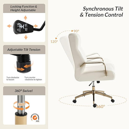 HULALA HOME Modern Executive Office Chair, Faux Leather Tufted Ergonomic Desk Chair with Gold Plated Base & Armrests, 360° Swivel Adjustable Height Tilt Home Office Chair for Work/Study