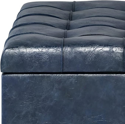 SIMPLIHOME Harrison 36 inch Wide Transitional Square Coffee Table Storage Ottoman in Denim Blue Vegan Faux Leather, Assembled, For the Living Room and Bedroom
