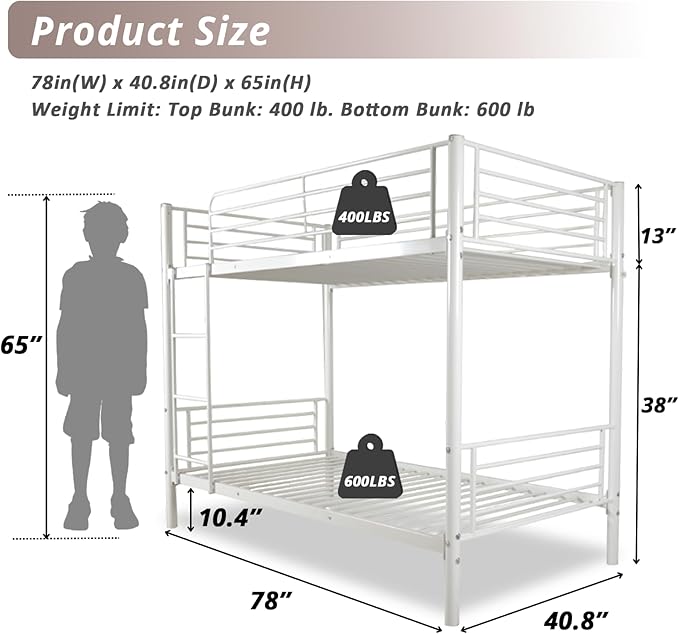 Karl Home White Bunk Bed Twin Over Twin, Metal Bunk Bed with Built-in Ladder and Safety Guardrail, Space-Saving Bunk Beds for Kids, Teens & Adults, No Box Spring