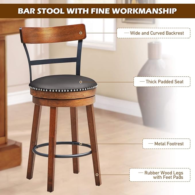 COSTWAY Bar Stools Set of 4, 360-Degree Swivel Stools with Leather Padded Seat, Single Slat Ladder Back & Solid Rubber Wood Legs, Counter Height Stools for Pub, Restaurant, Kitchen, Brown (4, 25.5)