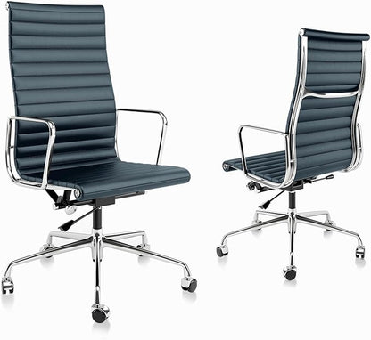 Ribbed Office Chair with Top Grain Leather - High Back Ergonomic Desk Chair with Aluminum Arm Rest and 5-Star Base, Swivel Chair Dark Blue
