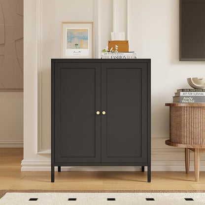 Small Storage Cabinet, Metal Modern Accent Cabinets with Doors and Shelves, Low Cabinet with high feet and Locker, Coffee Bar with Storage for Home,Office,Kitchen,Bathroom,Dining Room