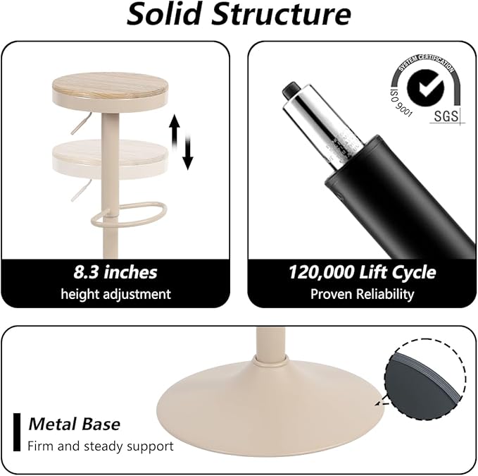 Kidol & Shellder Bar Stools Set of 4 Round Adjustable Swivel Barstools Modern Backless Bar Chairs Wooden Seat Counter Height Stools Armless for Kitchen Island, Cafe, Dining Room (Khaki)