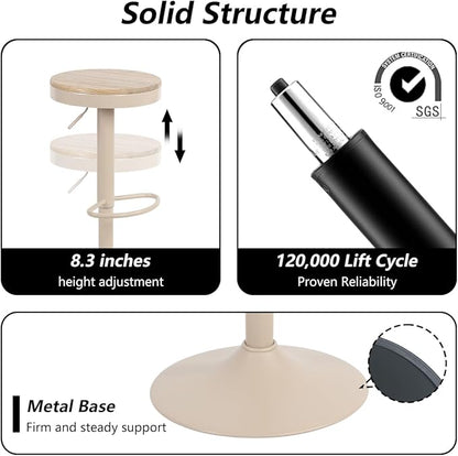 Kidol & Shellder Bar Stools Set of 4 Round Adjustable Swivel Barstools Modern Backless Bar Chairs Wooden Seat Counter Height Stools Armless for Kitchen Island, Cafe, Dining Room (Khaki)