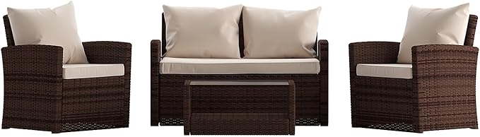 Flash Furniture Aransas Series 4 Piece Brown Patio Set with Beige Back Pillows and Seat Cushions