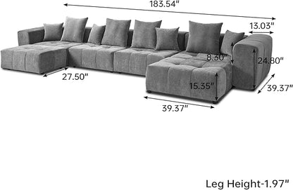 JACH 183.5 Inch U-Shaped Modular Sectional Sofas, Modern 4-Seater Couch with Chaise Ottomans, Mid Century Modern Sectional Couches, Cozy Sleeper Sofa for Living Room (Linen Fabric, Grey)