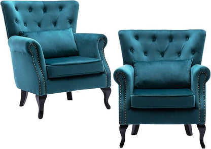 chairus Mid-Century Modern Accent Chairs Set of 2, Comfy Tufted Single Sofa Chair Wingback Armchair with Pillow for Club, Living Room, Bedroom - Velvet, Teal