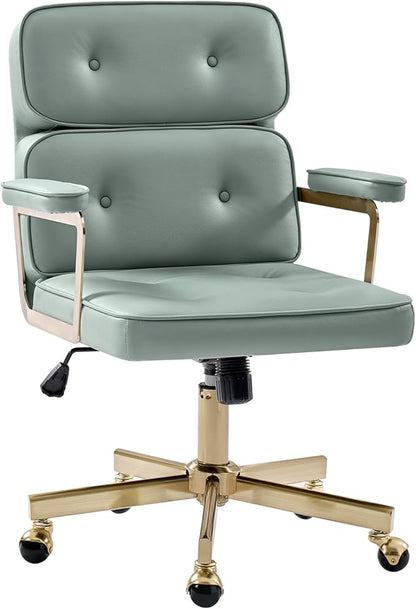 HULALA HOME Faux Leather Office Desk Chair with Golden Metal Legs, Comfy Upholstered Computer Chair with Tufted Backrest & Thick-Cushion Padded Armrest, Height Adjustable and 360°Swivel, Sage