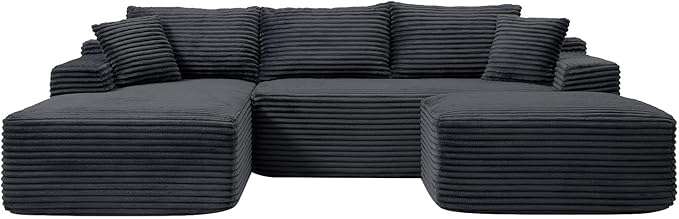 108 Inch Cloud Sectional Couch,Modern Modular Sectional Sofa with Deep Seat,Corduroy Boneless Couches with L-Shape Chaise for Living Room,No Assembly Required (Black, Left Facing Chaise + Ottoman)