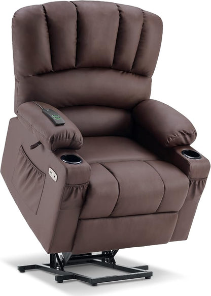 MCombo Power Lift Recliner Chair for Elderly, Lift Chair with Heat and Massage, USB &Type C Ports, Cup Holders, Faux Leather 7095 (Medium, Light Brown)