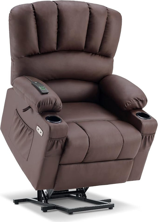 MCombo Power Lift Recliner Chair for Elderly, Lift Chair with Heat and Massage, USB &Type C Ports, Cup Holders, Faux Leather 7095 (Medium, Light Brown)