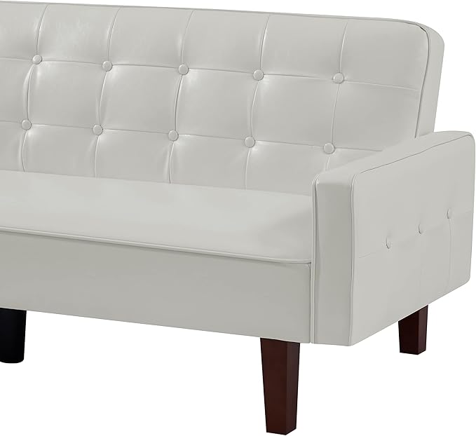 74" Loveseat Sofa with Vintage Button Tufting, Faux Leather Convertible Sleeper Futon Sofa Bed with Spring Cushion and Wood Legs for Apartments, Offices, Reception Areas, Living Rooms, White