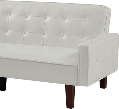 74" Loveseat Sofa with Vintage Button Tufting, Faux Leather Convertible Sleeper Futon Sofa Bed with Spring Cushion and Wood Legs for Apartments, Offices, Reception Areas, Living Rooms, White