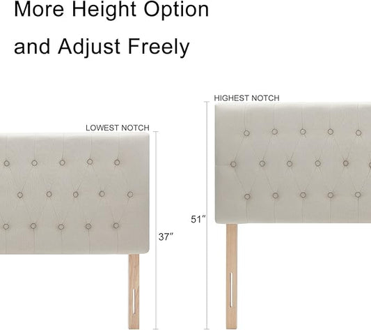 Kingfun Tufted Upholstered Queen Size Bed Headboard in Modern Button Design, Adjustable Solid Wood Head Board, Premium Linen Fabric Padded Headboards in Bedroom (Beige, Queen)