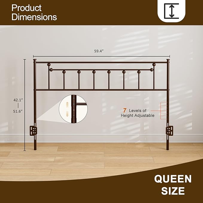 Metal Queen Size Headboard Only, Adjustable Height, Victorian Farmhouse Style Steel Queen Bed Headboad, Easy Assembly, Attach Frame, Brown