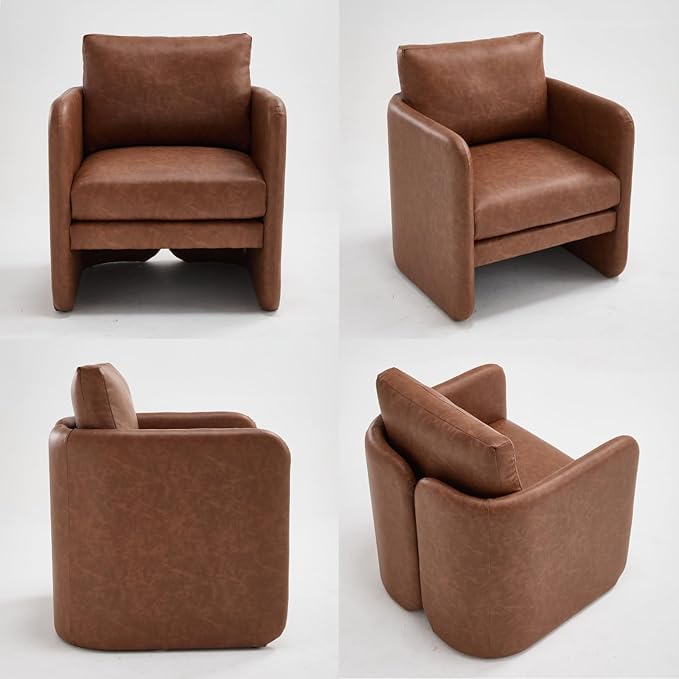 Modern Accent Barrel Chair, Single Sofa Chair with Removable Back Pillow, Comfy Pu Leather Upholstered Reading Accent Chair Lounge Armchair for Bedroom Living Room, Brown