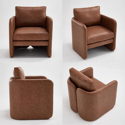 Modern Accent Barrel Chair, Single Sofa Chair with Removable Back Pillow, Comfy Pu Leather Upholstered Reading Accent Chair Lounge Armchair for Bedroom Living Room, Brown