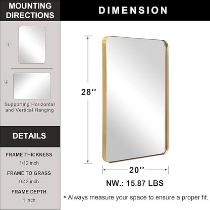 ANDY STAR Gold Bathroom Mirror for Wall, 20x28” Brushed Brass Metal Rounded Corner Rectangle Mirror, Wall Mirror in Stainless Steel Metal Frame, 1" Deep Set Design Hangs Horizontal Or Vertical