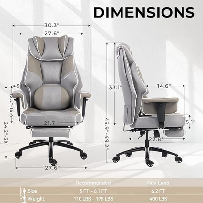 Dowinx Big and Tall Office Chair with Massage Lumbar Support,Executive Office Chair with Wide Thick Seat Cushion and Adjustable Armrest,Mesh Computer Gaming Chairs with Footrest (Grey)