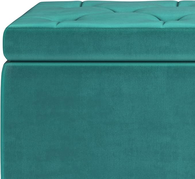 SIMPLIHOME Hamilton 48 inch Wide Traditional Rectangle Storage Ottoman in Aqua Blue Velvet Fabric, Assembled for the Living Room, Entryway and Family Room