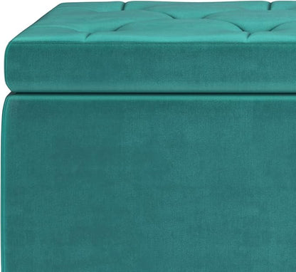 SIMPLIHOME Hamilton 48 inch Wide Traditional Rectangle Storage Ottoman in Aqua Blue Velvet Fabric, Assembled for the Living Room, Entryway and Family Room