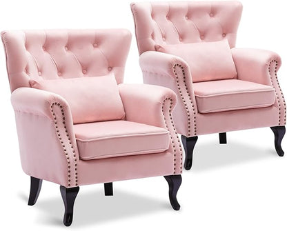 Accent Reading Arm Chairs Set of 2 for Living Room Bedroom, Midcentury Modern Comfy Corner Sofa Chair, Wingback Waiting Room Club Chair with Button Tufted Back &Lumbar Pillow, Velvet Pink