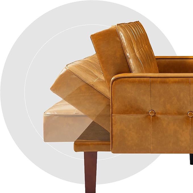 74" Loveseat Sofa with Vintage Button Tufting, Faux Leather Convertible Sleeper Futon Sofa Bed with Spring Cushion and Wood Legs for Apartments, Offices, Reception Areas, Living Rooms, Brown