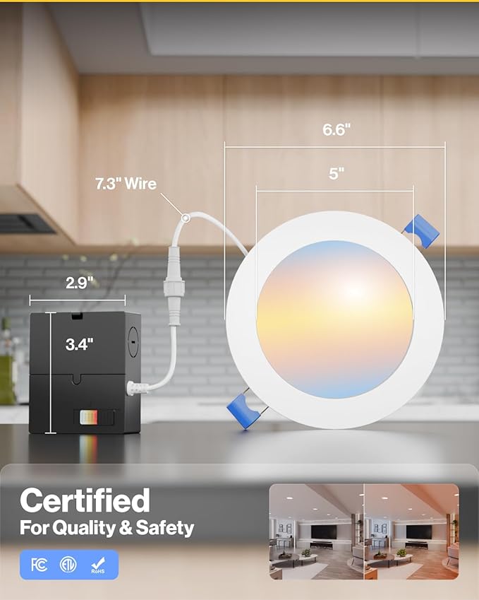 Sunco 6 Inch LED Recessed Light with Night Light, Canless Recessed Lighting, 1500 LM, 15W (150W Equivalent), Selectable CCT 2700K/3000K/4000K/5000K/6000K, Dimmable, with Junction Box 4 Pack.