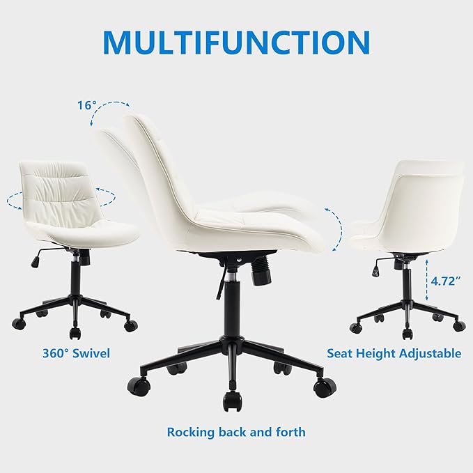 Rowill Leather Office Chair, Ergonomic Armless Desk Chair with Waterproof Cushion & Slient Wheels & SGS-Certified Class 3 Explosion-Proof Gas Lift, Ideal for Home Office, Study and Vanity(White)