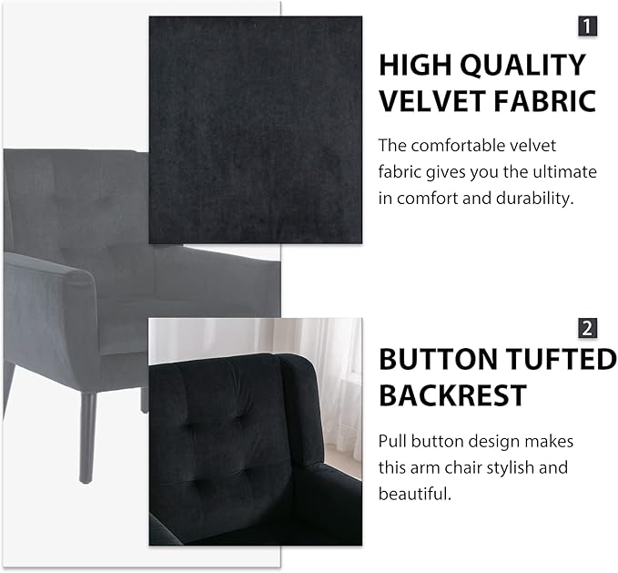Dolonm Midcentury Modern Velvet Accent Chair with Arms, Upholstered Reading Side Chair Tufted Back Decorative Wingback Chair for Living Room Bedroom (Black)