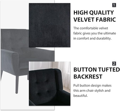 Dolonm Midcentury Modern Velvet Accent Chair with Arms, Upholstered Reading Side Chair Tufted Back Decorative Wingback Chair for Living Room Bedroom (Black)