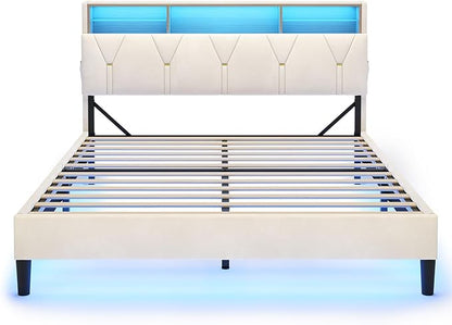 LED Full Bed Frame with Type-C & USB Charging Station, Full Size Bed Frame with Storage Headboard, Modern Velvet Upholstered Platform Bed with Shelf Headboard, Noise-Free, Creamy White
