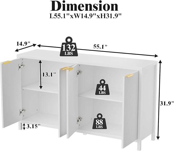 Fluted Sideboard Buffet Cabinet, 55" Large Storage Buffet Cabinet with 4 Doors and Adjustable Shelves, Modern Sideboard Console Table for Living Room,Entryway,Dinning Room,Kitchen-White