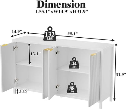 Fluted Sideboard Buffet Cabinet, 55" Large Storage Buffet Cabinet with 4 Doors and Adjustable Shelves, Modern Sideboard Console Table for Living Room,Entryway,Dinning Room,Kitchen-White