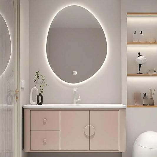 48IN Pink Modern Bathroom Vanity - Bathroom Vanities Set with 2 Drawers Wall Mounted | Rounded Corner Smart Defogging Mirror Cabinet with Lighting & Time Display, Side Opening Storage Shelf (Style B)