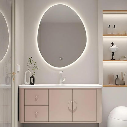 36IN Pink Modern Bathroom Vanity - Bathroom Vanities Set with 2 Drawers Wall Mounted | Rounded Corner Smart Defogging Mirror Cabinet with Lighting & Time Display, Side Opening Storage Shelf (Style B)