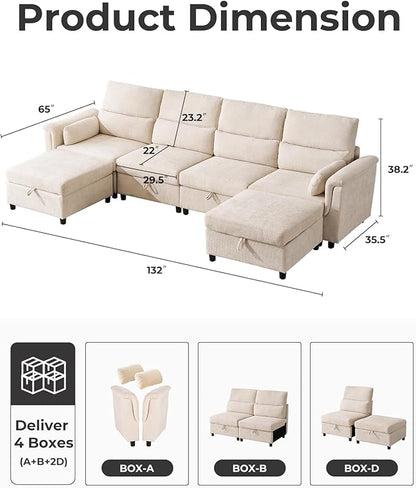 132'' Oversized Modular Sectional Sofa, U Shaped Cloud Couch with Large Storage, Extra Deep Seat, Modern Chenille Sofa with Chaise, 6 Seat Convertible Couches for Living Room, Beige