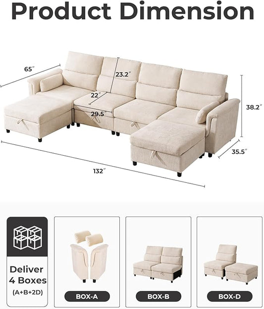 132'' Oversized Modular Sectional Sofa, U Shaped Cloud Couch with Large Storage, Extra Deep Seat, Modern Chenille Sofa with Chaise, 6 Seat Convertible Couches for Living Room, Beige