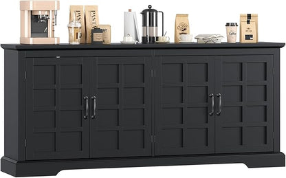 70" Sideboard Buffet Cabinet with Storage, Coffee Bar Cabinet with and 4 Doors, Long Wider Storage Cabinet Modern Farmhouse, Black Wood, for Kitchen, Dining Room, Living Room