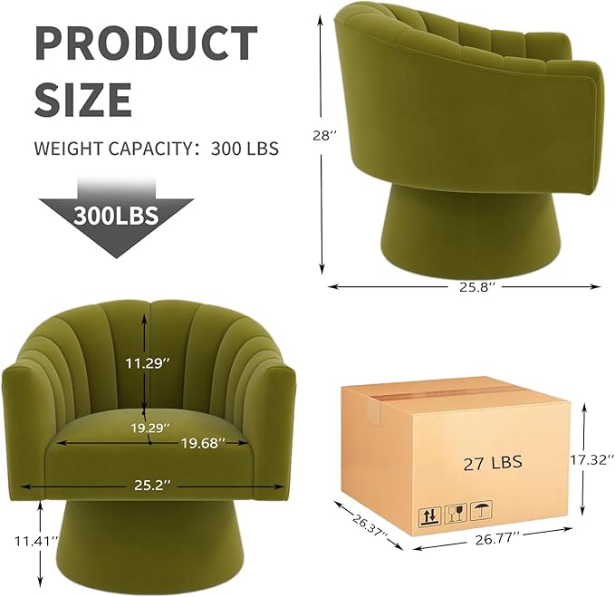 Swivel Accent Chair,Upholstered Velvet 360° Swivel Barrel Chair for Living Room Overstuffed Bouncle Reading Chair Round Armchair for Bedroom,Vanity,Office(Grass-Green)