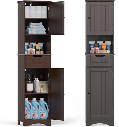 Gizoon 67" H Tall Bathroom Cabinet, Storage Cabinet with 2 Doors & Drawer, Narrow Linen Tower Freestanding Adjustable Shelves for Home, Kitchen, Versatile, Anti-Tipping, Dark Brown