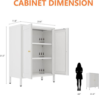 Metal Bathroom Cabinet, Small Floor Storage Cabinet, Freestanding Sideboard with 2 Adjustable Shelves for Living Room, Dinging Room (White, 31.5" H-2 Doors)